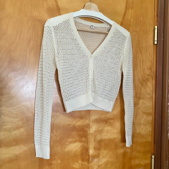 Uniqlo Women's XXS Mesh V-Neck Short Cardigan Sheer Off White Cream Linen - Picture 2 of 12